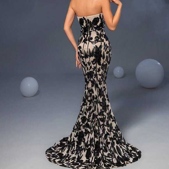Black Elegant Women's Strapless Floor Length Floral Sparkly Sequin Party Gown - Picture 2 of 7